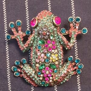 Vintage Style Costume Colorful Rhinestone Frog Brooch